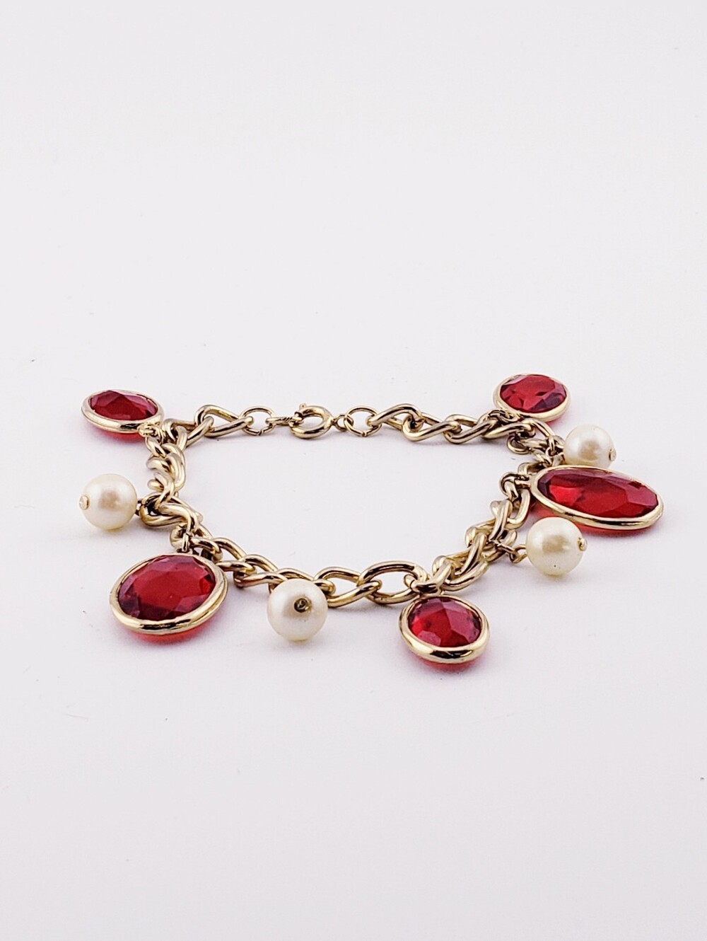 Jeweled Charm Bracelet with Red Rhinestones and Pearls